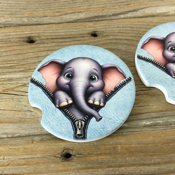 Elephant Peek-a-Boo Zipper Car Coasters Set of 2 - Picture 3 of 6